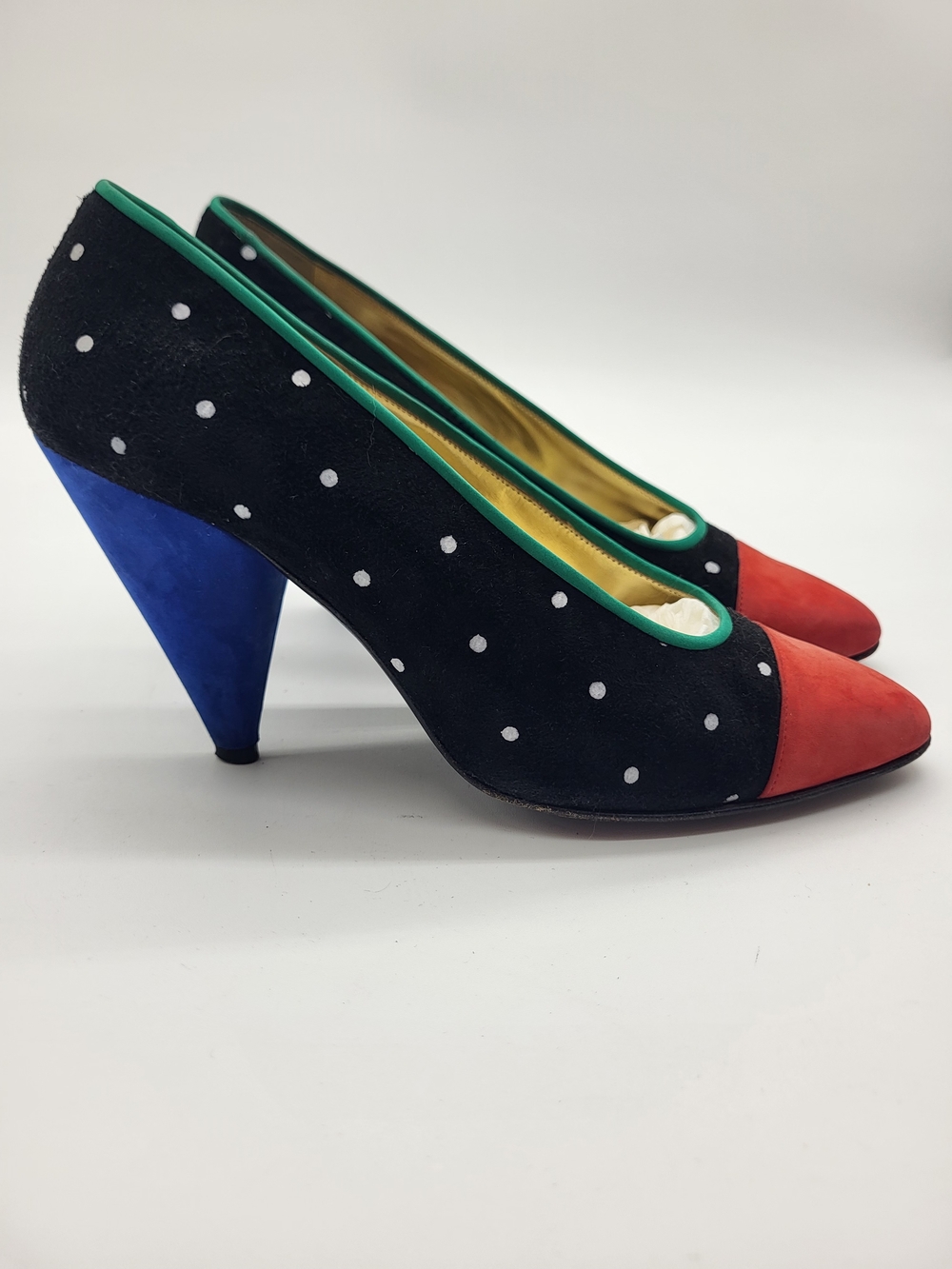 Escada Vintage Dopamine Statement Black Polka Dot Suede Pumps Red Toe, Blue Heel